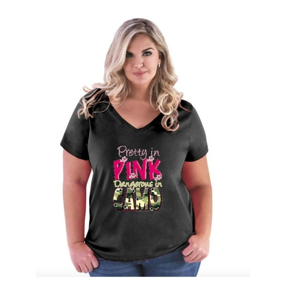 NIB - Women's Plus Size V-neck T-Shirt - Pretty in Pink Dangerous in Camo