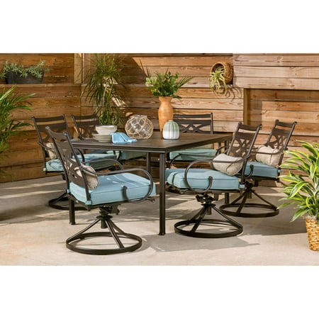 Hanover Montclair 7 - Piece Dining Set in Ocean Blue with 6 Swivel Rockers and a 40 x 67 Dining Table