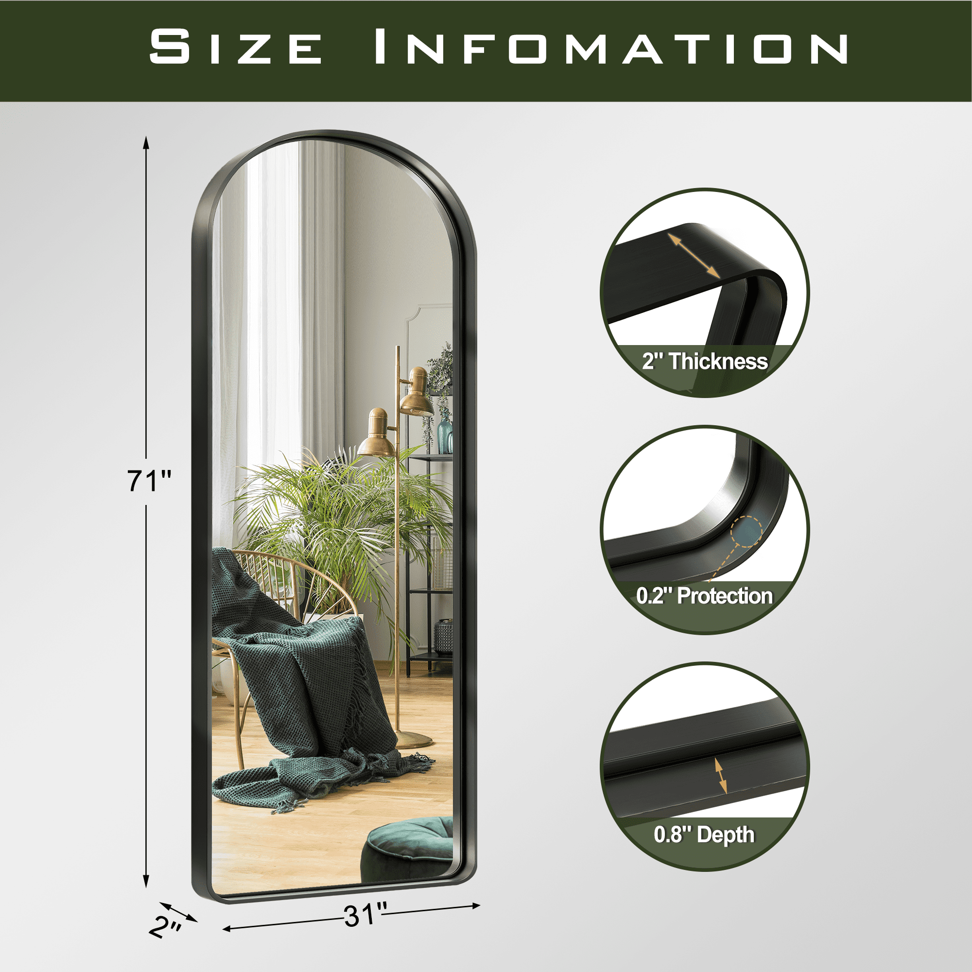 71"x32" Modern Arch Aluminum Frame Wall Mount Full Floor Mirror Without Bracket,Black