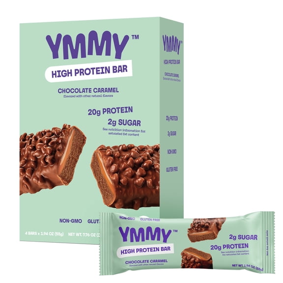 YMMY Chocolate Caramel High Protein Bar, Gluten-Free, 1.94 oz, 4 Pack