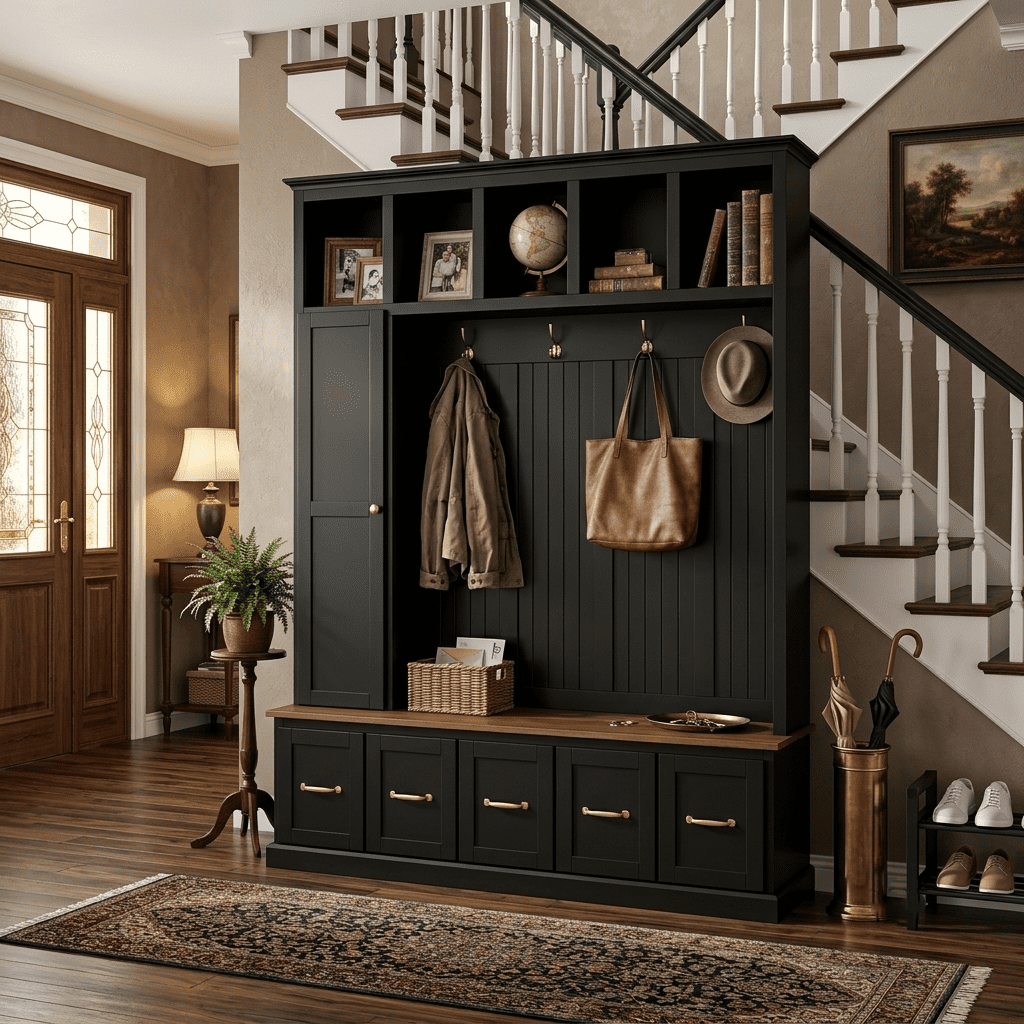 Howcool 59"W Hall Tree with Shoe Storage Bench and 5 Coat Hooks,Freestanding Organizer Cabinet with 5 Drawers,Top Cubbies for Entryway,Mudroom,Black