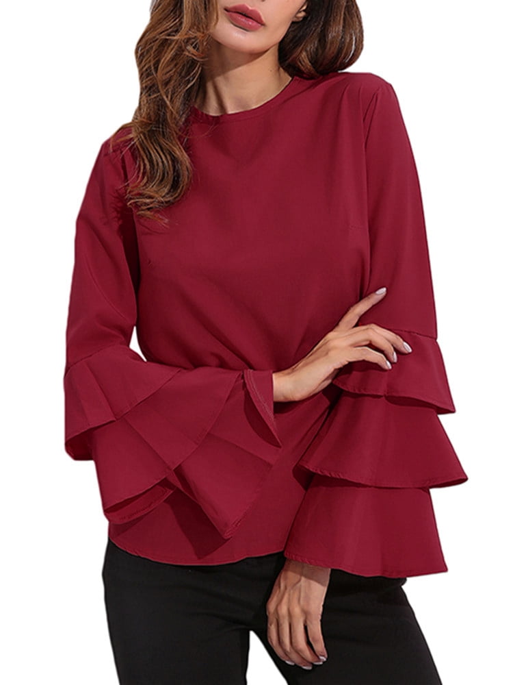 VonVonCo Fashion Womens Off The Shoulder Tops Pullover Flared Long-Sleeved Chiffon Neck Line Hollow Loose Top