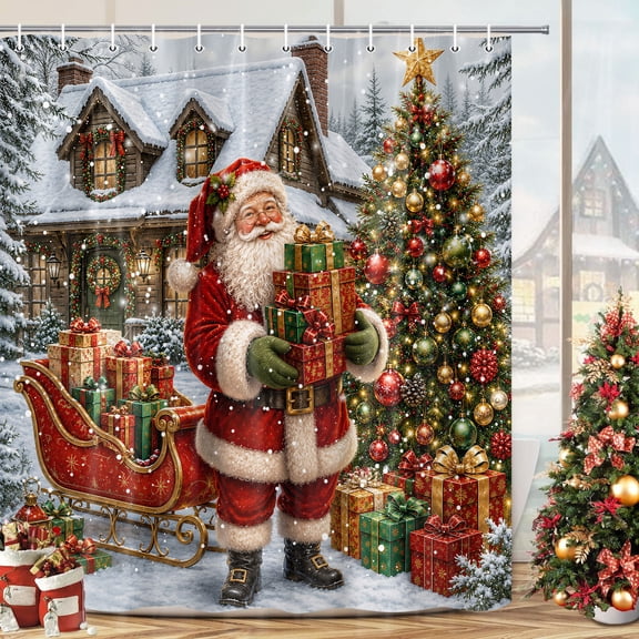 Christmas Santa Claus Shower Curtain Winter Snowy Cabin Holiday Bathroom Xmas Tree Gifts Scenery New Year Bath Curtain, Polyester Fabric, Water-resistant, Includes 12 Hooks, Fits 70x70 inch Bathtub