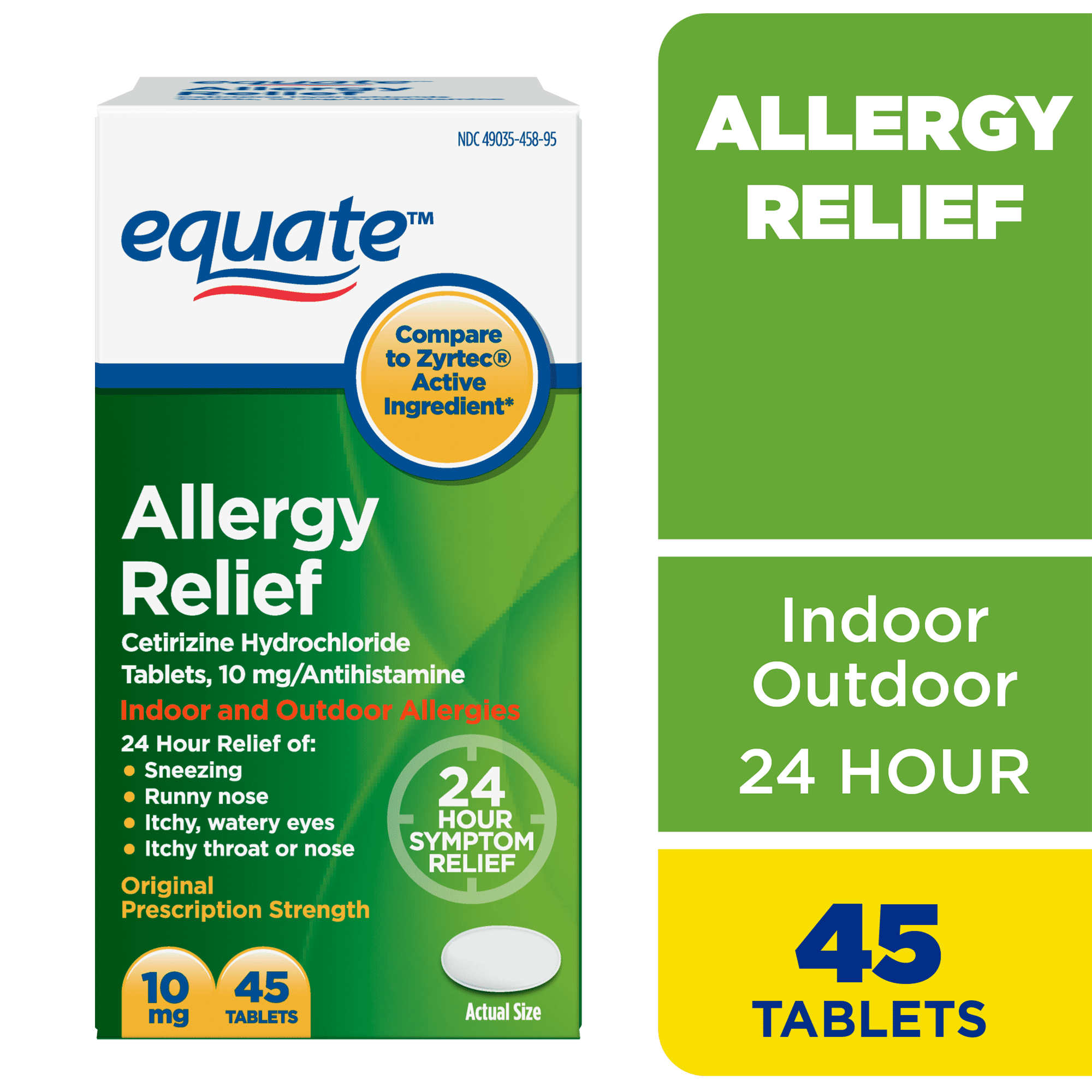 Equate 24 Hour Allergy Pills, Cetirizine Hydrochloride Tablets, 10 mg, 45 Count