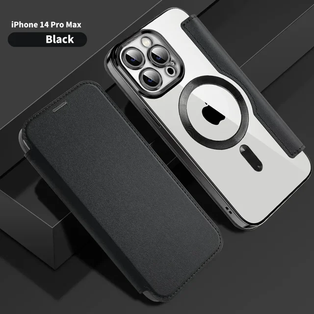 Electroplated Flip Leather Case for iPhone 16 15 14 13 12 11 Plus Pro Max for Magsafe Wireless Charging Protection Luxury Cover Black For iPhone 11Pro Max
