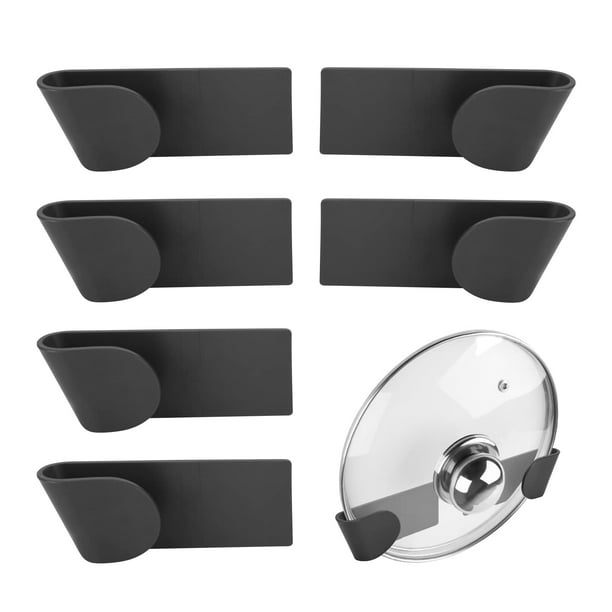 Soporte para tapa de olla, 6 piezas, organizador de tapa de olla para montaje en pared sin perforaciones para el hogar, estante de almacenamiento autoadhesivo para tapa de olla, color negro