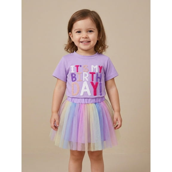 Toddler Girl Birthday Outfit Letter Embroidery Short Sleeve Crew Neck Tops with Colorful Tulle Skirt 2 Pcs Set