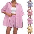 thumbnail image 2 of Xuhomer Summer 2 Piece Suits s for Women 3/4 Sleeve Button Down Tops Cover Up and Lace-Up Elastic Waist Wide Leg Shorts TrackSuits Matching Solid Color Active Workout Travel Vacation Outfits Yellow L, 2 of 7