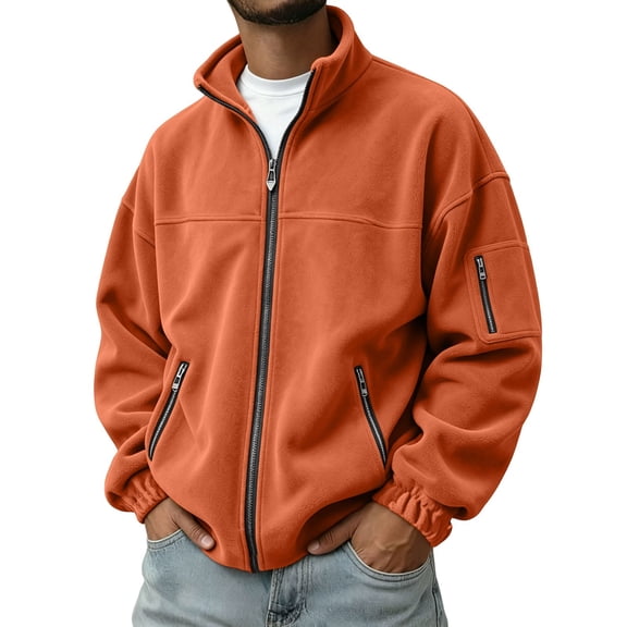 Mens Full Zip Polar Fleece Jacket Warm Winter Tactical Jackets | Classic Zip Up Coat, Multi Zipper Pockets, Windproof thermal, Athletic Workout, Fall Outdoor Active Orange