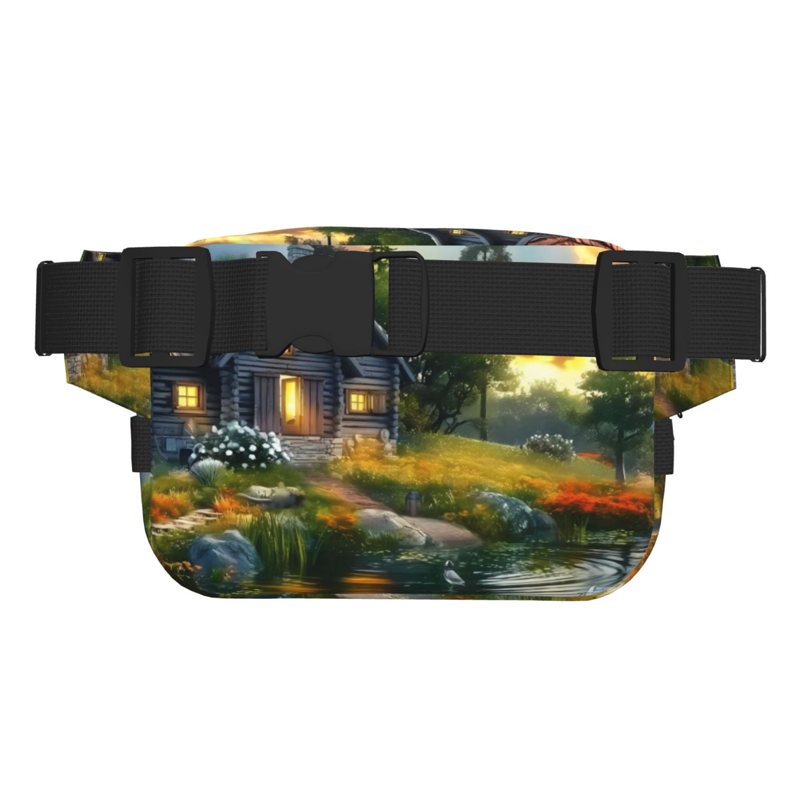 Picia Cozy Cottage Lakeside Sunset Print Square Double-Layer Waist Bag Mini Adjustable Waist Belt Bag Exercise Running Travel Hiking