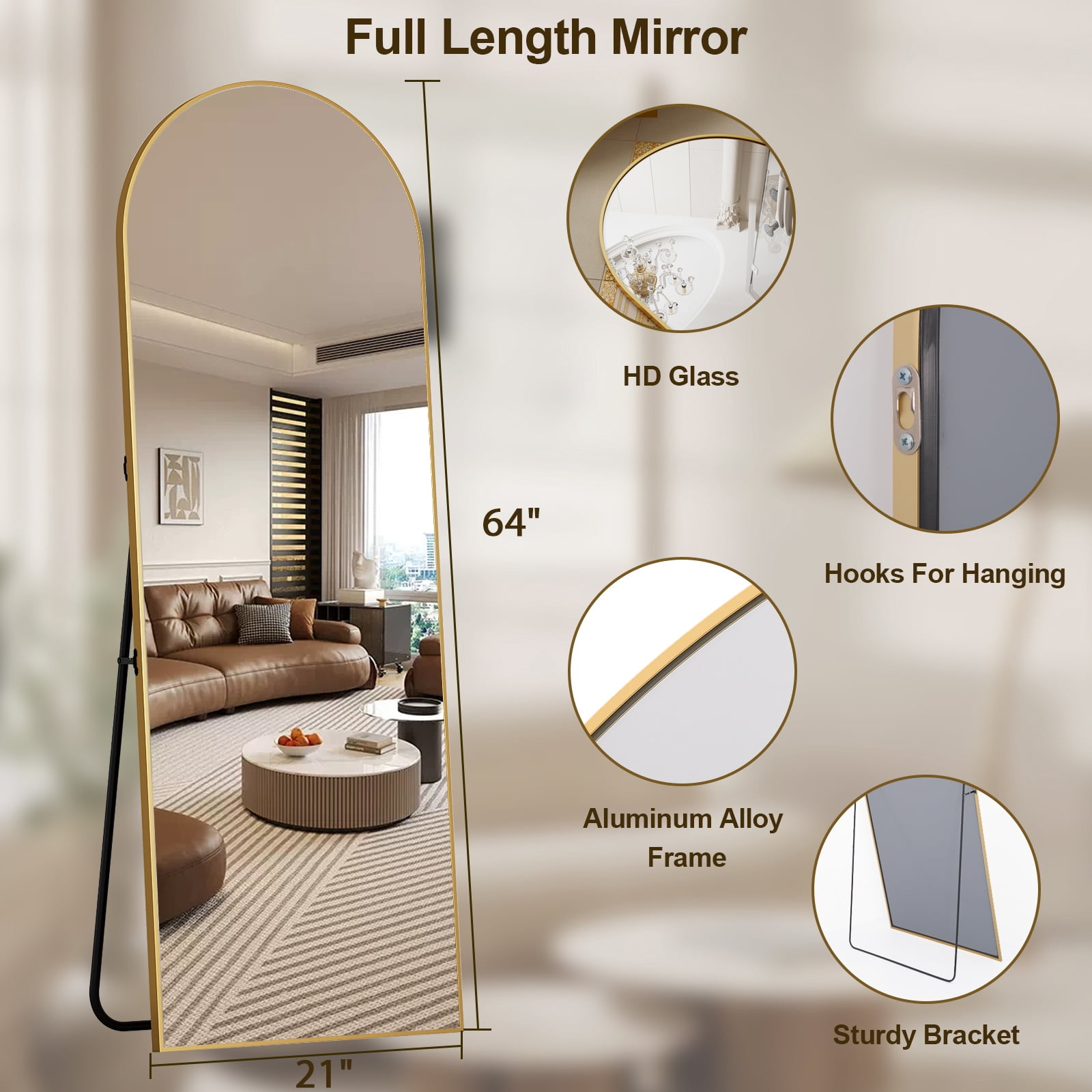 AUROMIR 21"x64" Arched Full Length Mirror Full Body Free Standing Floor Mirror, Gold
