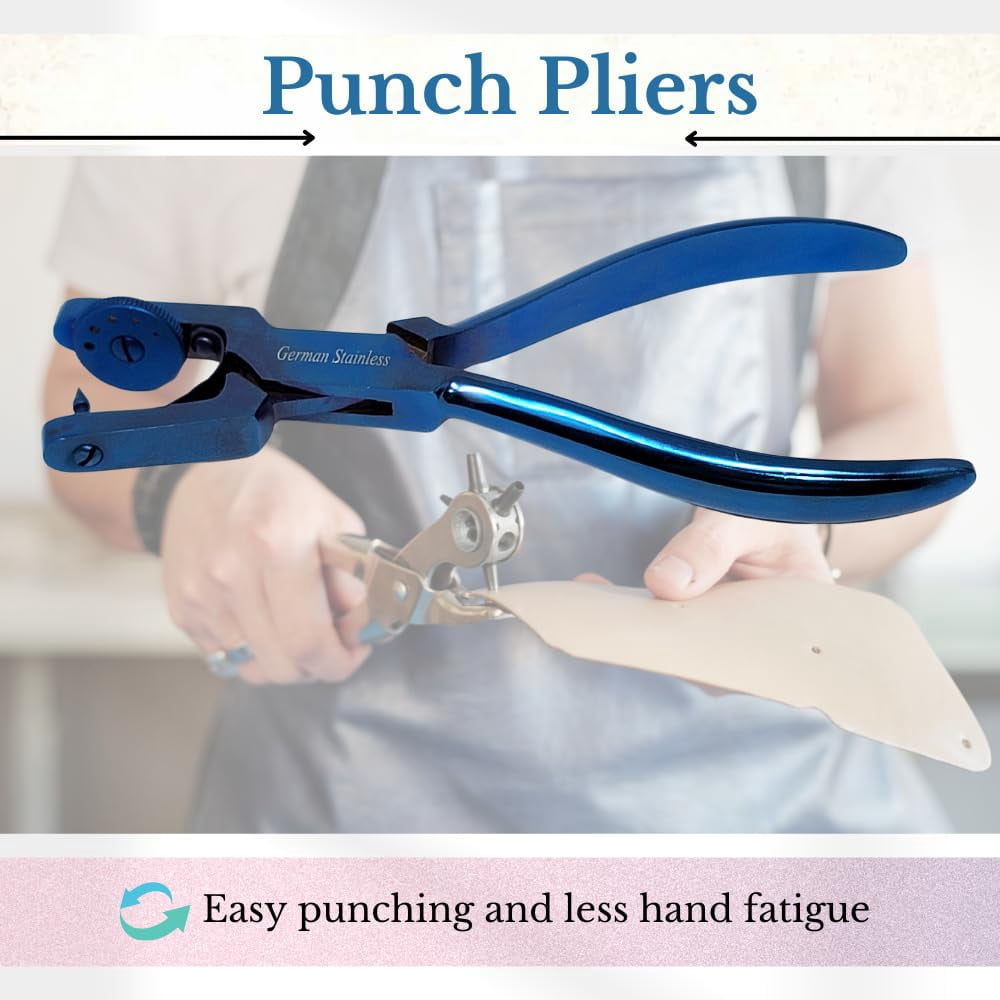 Leather Punch Tool Pliers, 6.5" Handheld Leather Hole Punch Tool with 5 Sizes Rotating Head, DIY Leather Art Craft Hole Punch Stitching Hand Pliers for Belts Straps Saddles Shoes - Blue