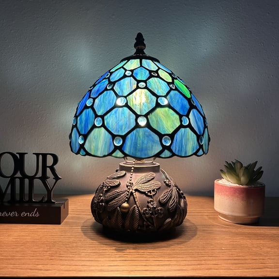 Tiffany Mini Table Lamp Blue Green Stained Glass Crystal Beans Pull Chain Switch Included LED Bulb Dragonfly Base for Living Room Dining Room Bedroom Bedside12"H*8"W