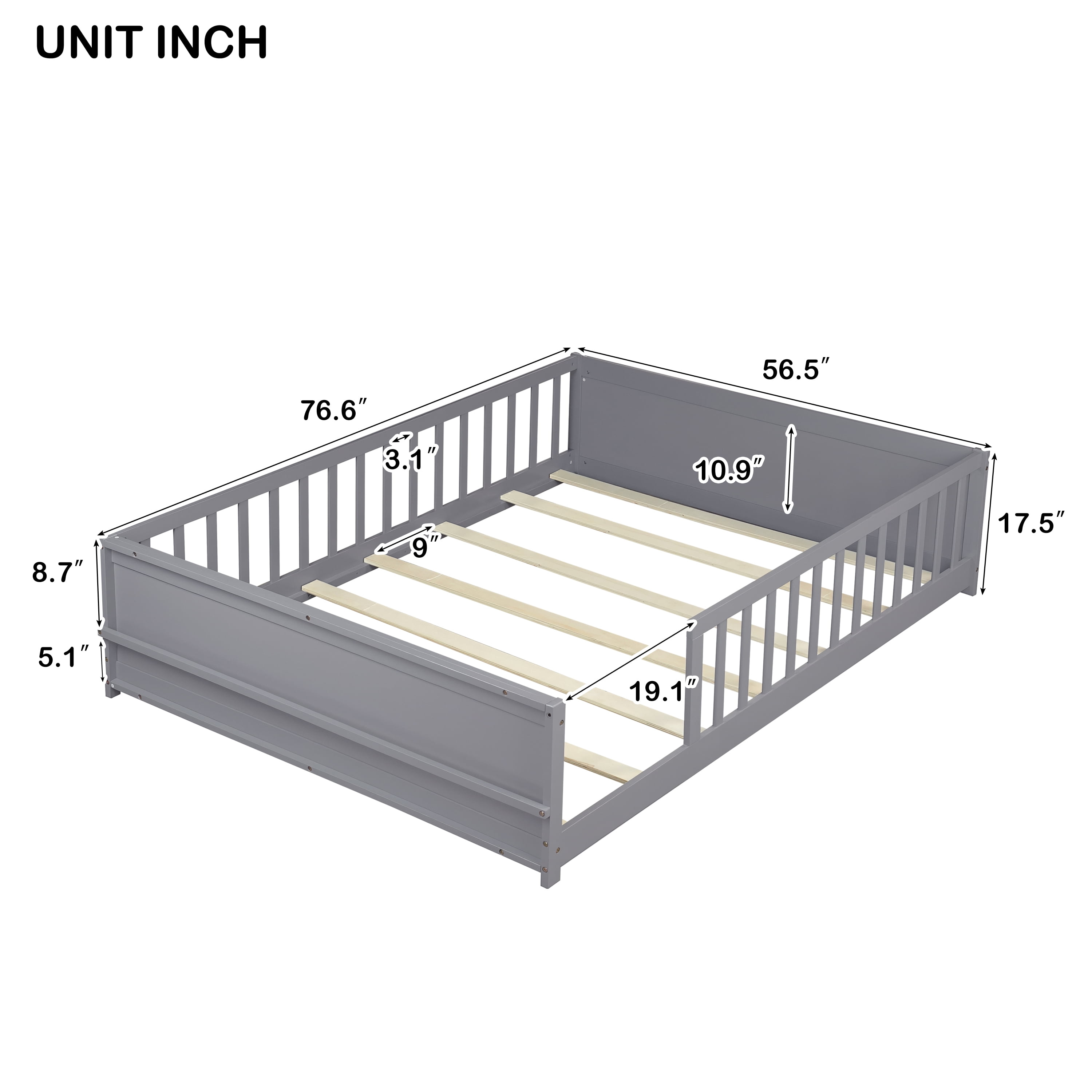 Miniyam Full Size Kids Floor Bed with Guardrails and Bookshelf, Wooden Low Profile Bed, Gray