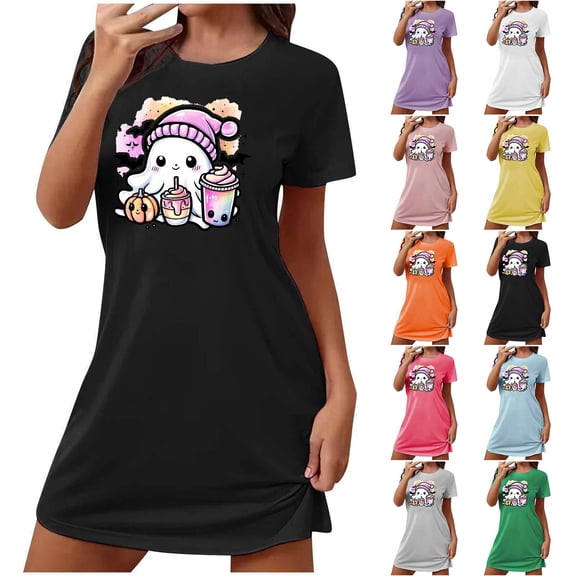 Ounisa Halloween Womens Nightgown Pumpkin Face and Ghost Print Short Sleeves Crewneck Loose Comfy Nightdress Pajamas
