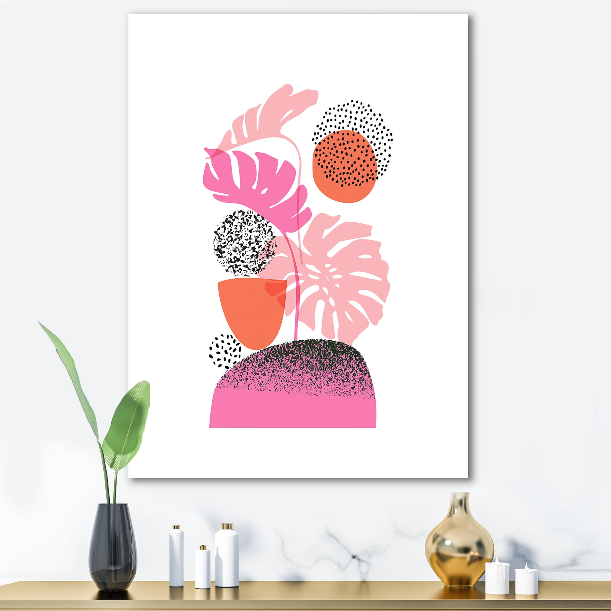 Designart ' Geometric Sun and Moon Shapes With Tropical Leaves ' Modern Canvas Wall Art Print