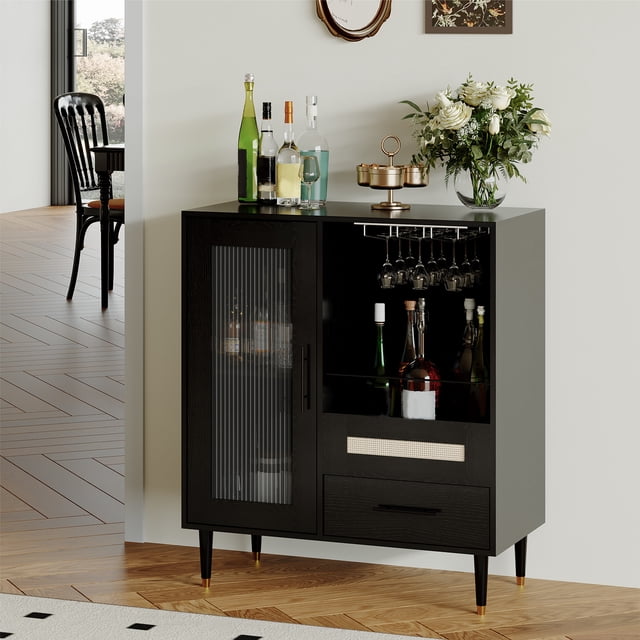 AKDSteel Wine Coffee Bar Cabinet, 30.7" Liquor Buffet Sideboard With Glass Door Display, Wine Glass Rack, And Drawers