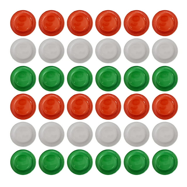 eeasemx 60 platos de papel desechables de 18 cm, 20 rojos, 20 blancos y 20 verdes; vista cenital con platos dispuestos en filas, redondos con borde estriado y centro liso, diámetro aprox. 18 cm, pensados para servir alimentos en fiestas, picnics y catering; su formato apilable los hace adecuados para transportar en eventos.