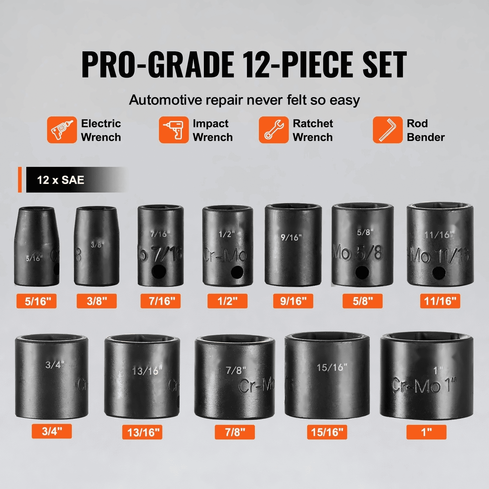 Impact Socket Set 12pcs 3/8in Drive - 6-Point Bit Ratchet Tool Kit Case, Automotive Repair, Cr-Mo Steel