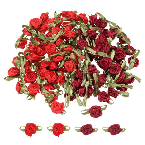 Uxcell 100 Pcs Wine Red/Red Ribbon Roses 5/8"x1-3/16" Mini Roses for Sewing Appliques