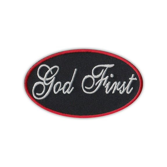 Patch, Embroidered, Red Trim God First Oval, 3.5" x 2"