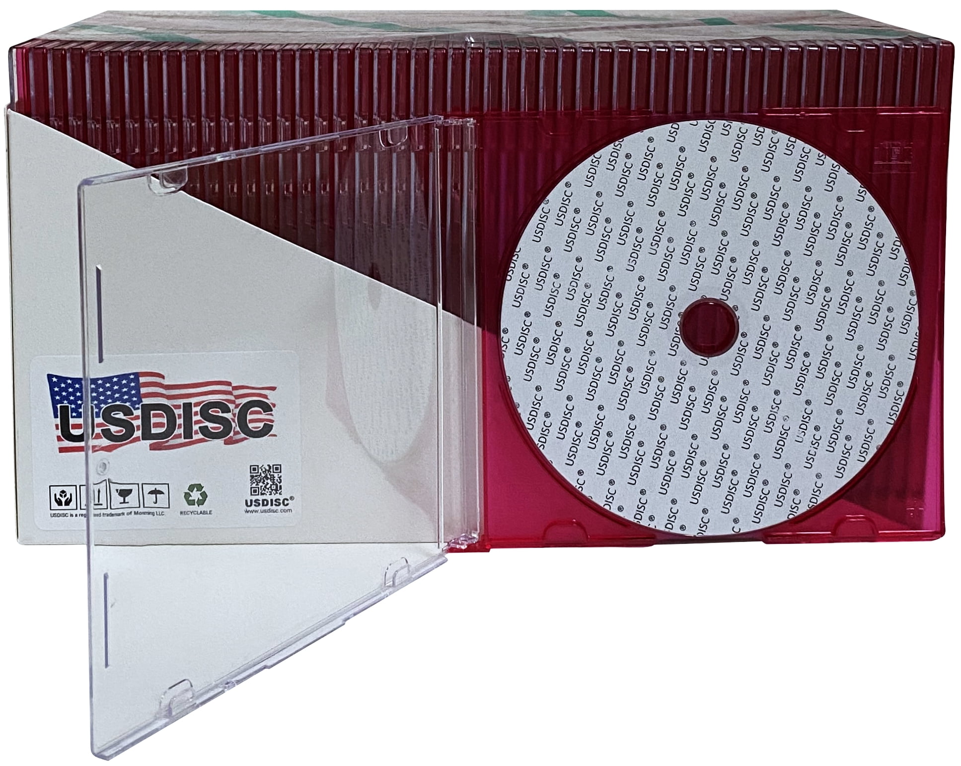 USDISC CD Jewel Cases Slimline 5.2mm, Single 1 Disc, Clear Red, Pack Of 100