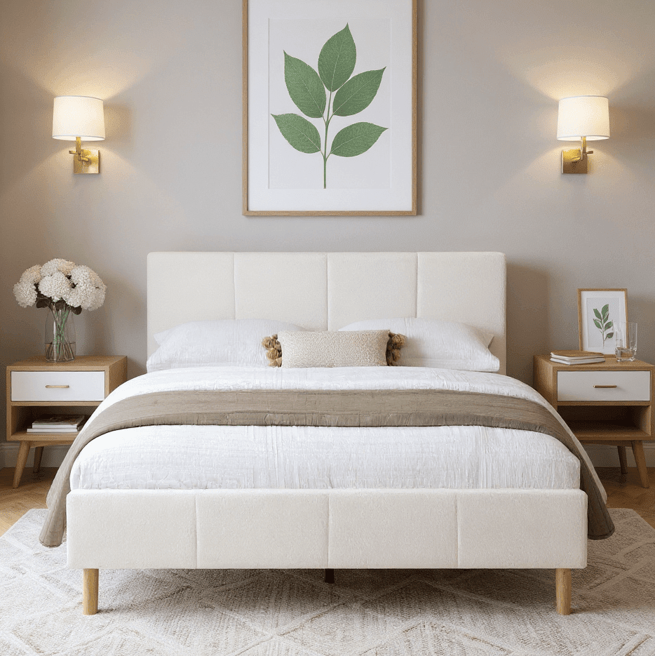 KING Size Platform Bed Frame with Adjustable Upholstered Headboard and Wood Slats Support