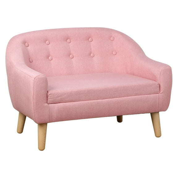 Toddler Sofa Pink 2-Seat - Kids Couch for Nursery, Playroom - Durable Linen, Wood Frame - Ages 3-7