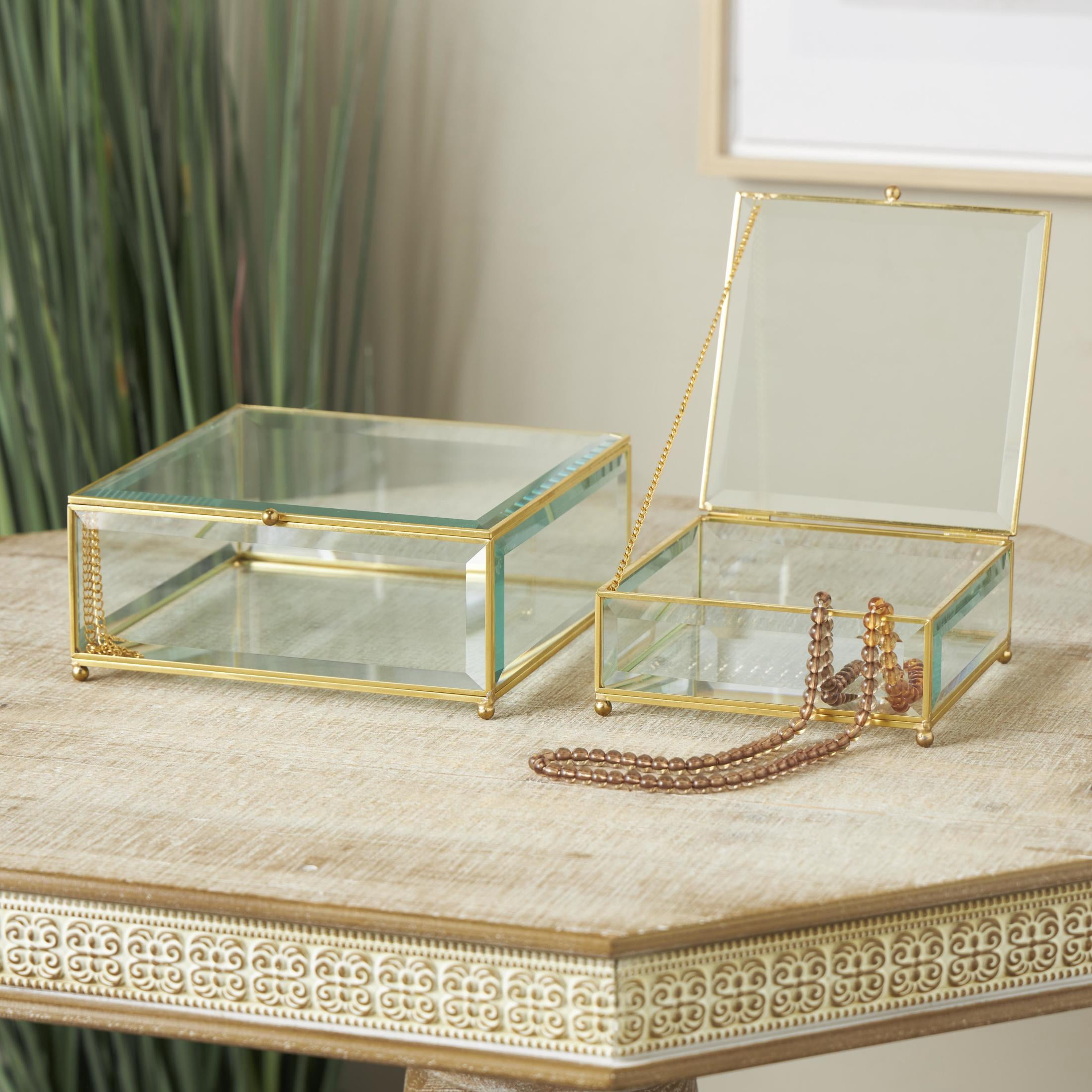 DecMode Beveled Clear Glass Decorative Jewelry Box with Gold Metal Frame and Chain Accent, Set of 2