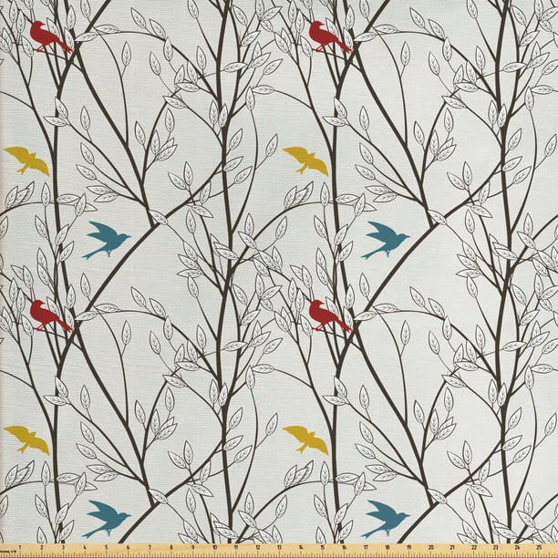 Nature Sofa Upholstery Fabric by the Yard, Birds Wildlife Cartoon Like Image with Tree Leaf Art