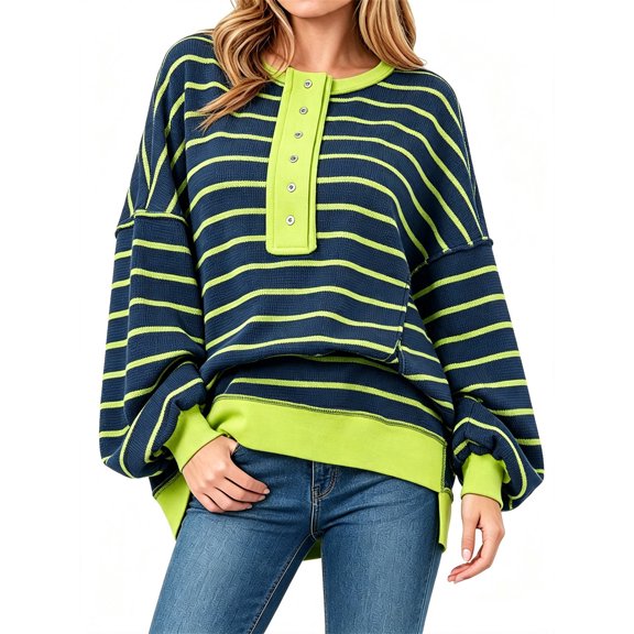 Womens Oversized Color Block Striped Sweatshirts Henley Shirts Casual Pullover Waffle Knit Tops