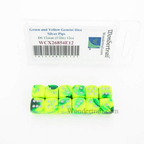 Green and Yellow Gemini Dice with Silver Pips D6 12mm (1/2in) Pack of 12 Wondertrail