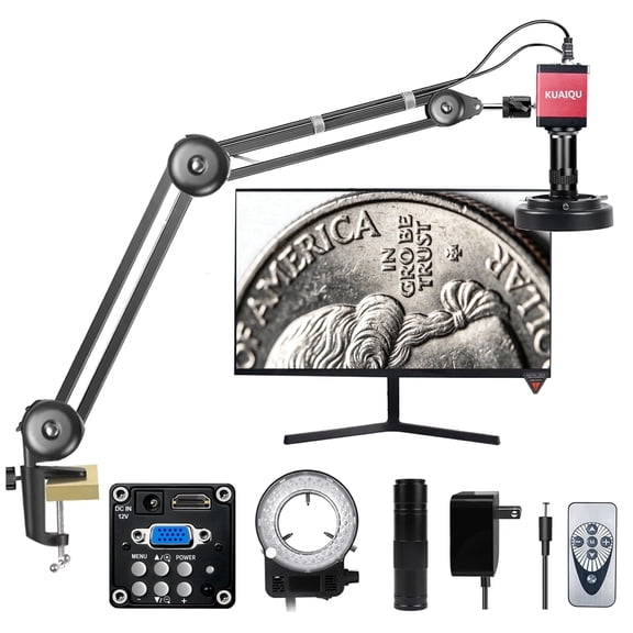 Kuaiqu Digital Microscope Camera 13MP 1080P VGA Industrial Video Microscope 150X Zoom C-Mount Lens Foldable Stand LED Ring Light Soldering Microscopes for Electronics Repair