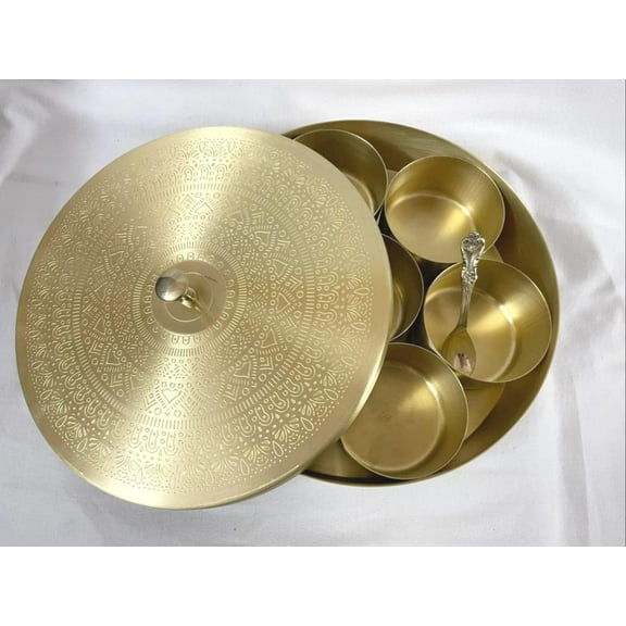 brass 8" spice box with 7 bowls and a spoon for home kitchen/ gift item