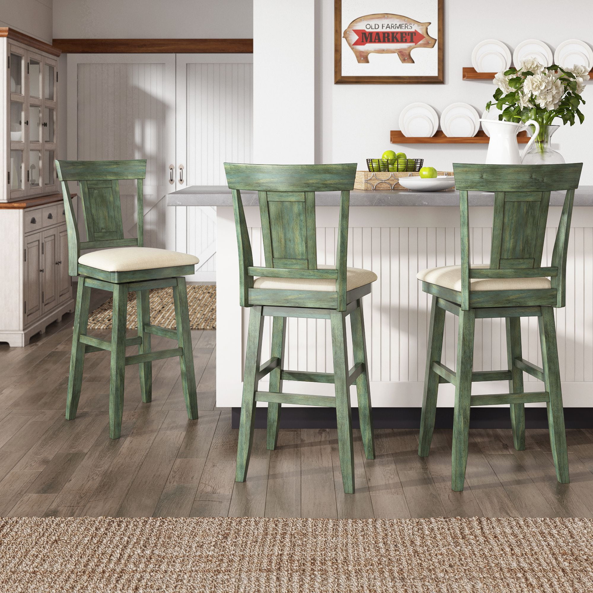 Weston Home Sheena Panel Back Bar Height Wood Swivel Stool, Antique Sage