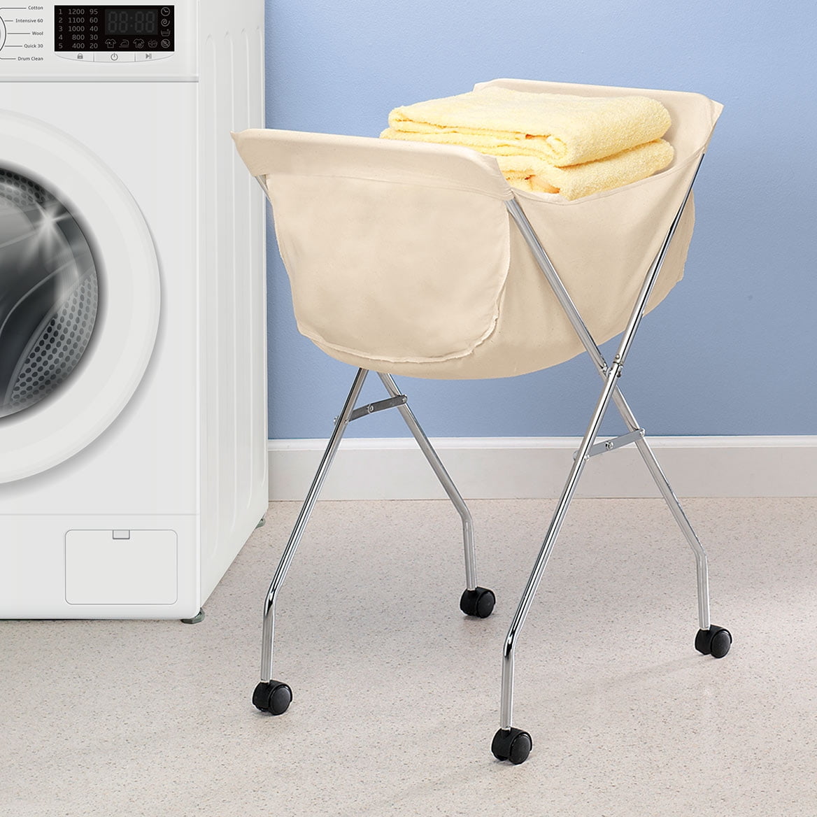 Laundry Cart With Wheels, Collapsible with Removable Liner, Rolling Hamper Cart with Tubular Metal Frame, White Bag Included – Measures 23" x 18" x 32"