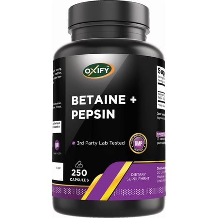 Oxify Betaine + Pepsin | 250 Capsules | Gluten-Free, Non-GMO | Supplement Made in USA