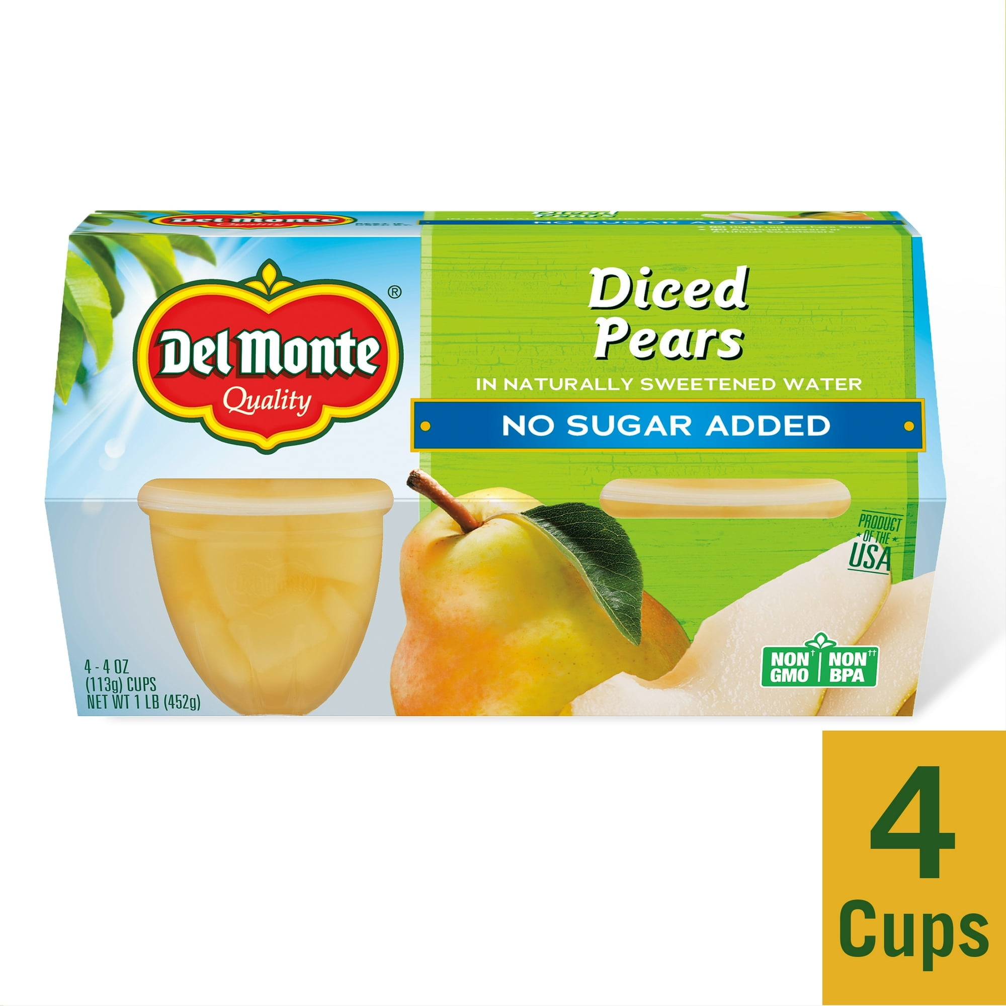 Del Monte Diced Pears Fruit Cup Snacks No Sugar Added 4 oz (4 Cups) (Pack of 6)