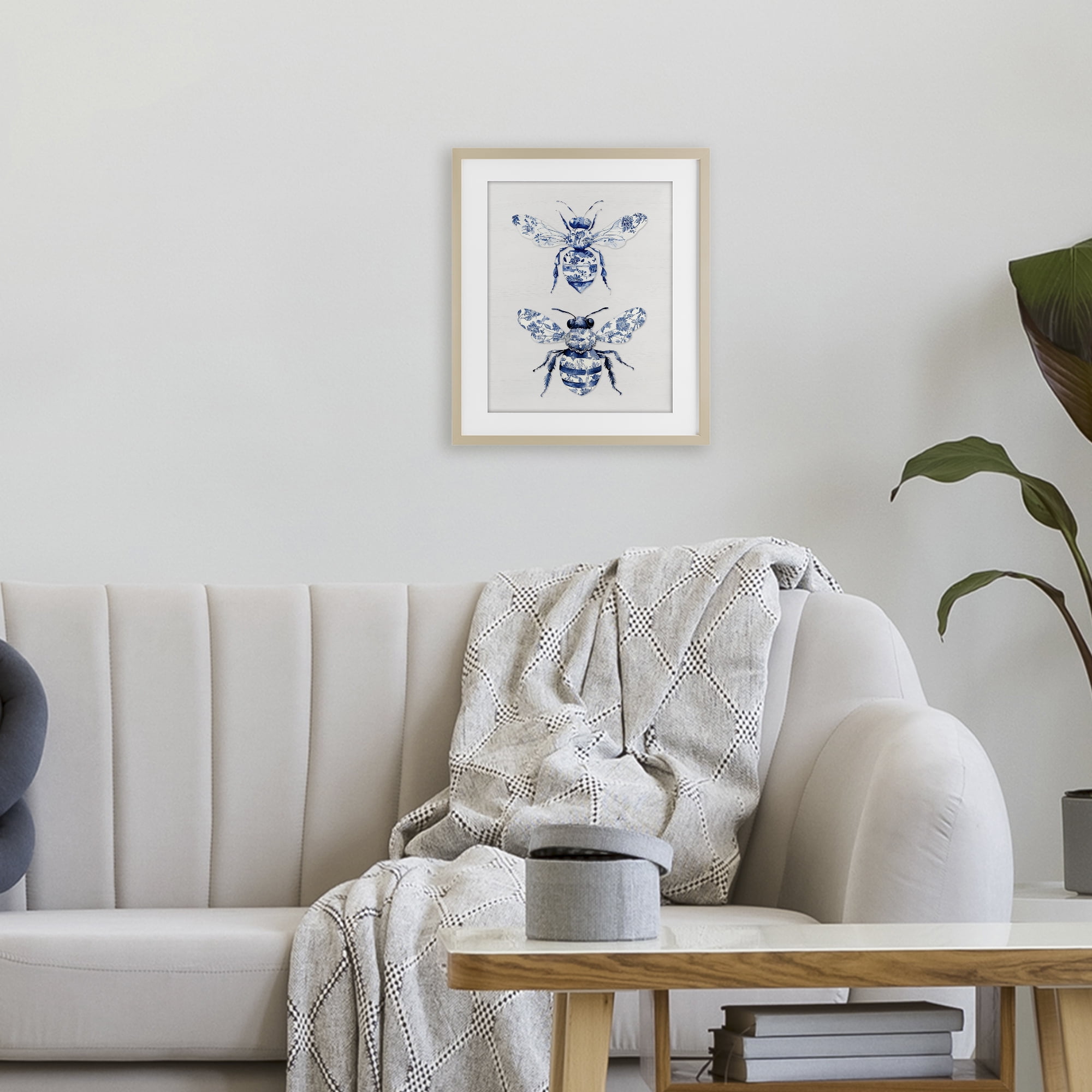 Toile Patterned Bees Birch Framed Print Under Glass, design by Lettered and Lined