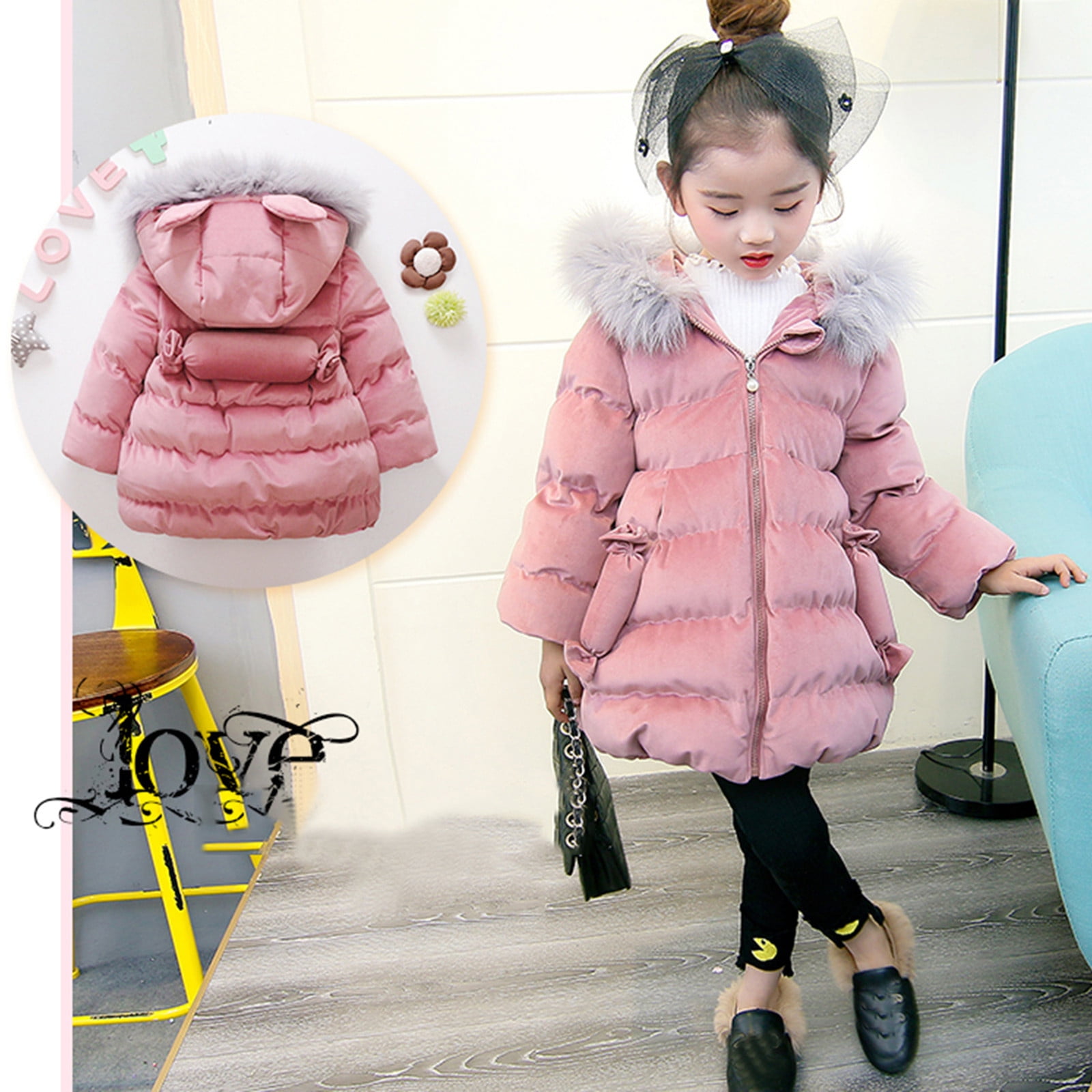 PEHZADA Girls Winter Coats Girls Outerwear Jackets and Coats Kids Girls Winter Faux Furs Bunny Ear Hooded Down Zipper Coat Thick Jacket Walmart