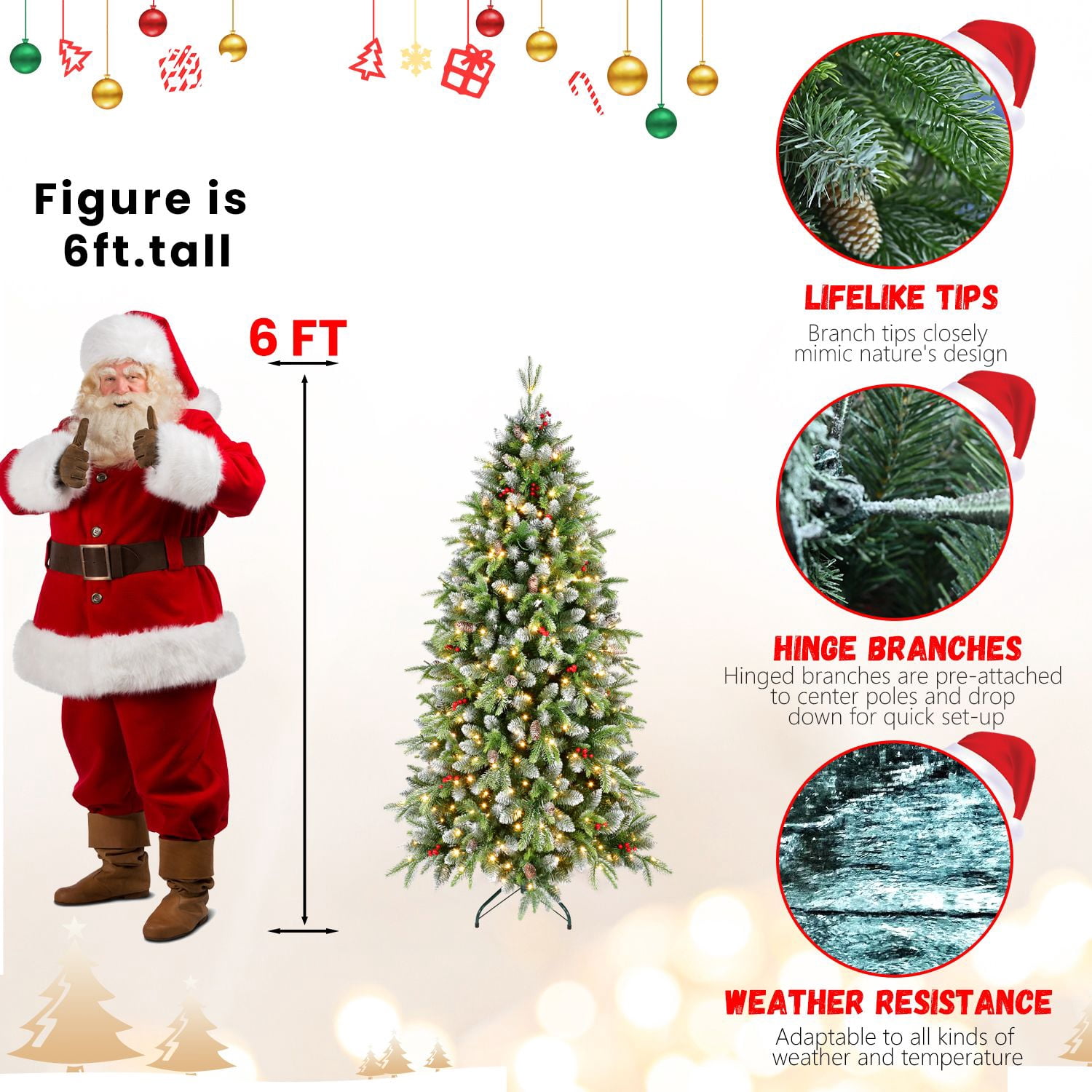 Alvantor 6ft Pre-Lit Christmas Tree Artificial Tree with 1264 Tips & 380 LED Lights & Pine Cones for Indoor Holiday Decoration Green