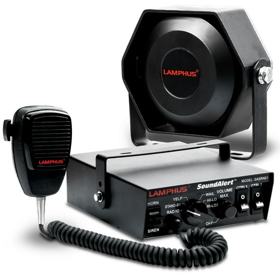 LAMPHUS SoundAlert Siren & Slim Speaker PA System [100W] [6 Modes] [Heavy Duty] [118-124dB] [Microphone] [Hands-Free] [Dual 20A Switches] Emergency Horn Sound System for Police Cars & Fire Trucks