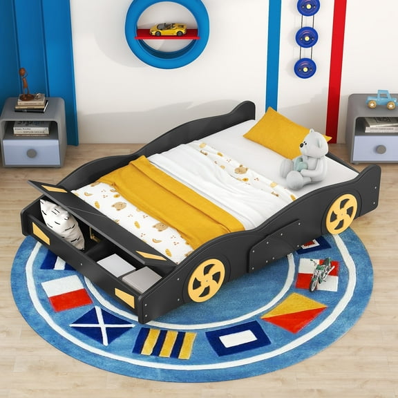 Harper & Bright Designs Full Size Race Car Bed Platform Bed for Kids, Wood Car-Shaped Kids Bed Frame with Storage and Wheels for Boys Girls, Black