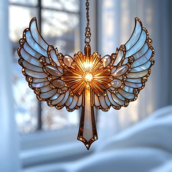 Angel Wings Acrylic Suncatcher - Faux Stained Glass Heavenly Window Hanging Memorial Gift