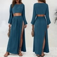 thumbnail image 6 of SOOMLON 2 Piece Skirt Set for Women Plus Size Long Sleeve Crop Tees Side Split Skirt Vacation Linen Matching Outfits, 6 of 8