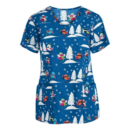 

Ozmmyan Womens Tops Scrubs for Women Short Sleeve V-neck Scrubs Tops Working Uniform Printed with Two Pockets Blouse Nursing Uniform Saving Clearance