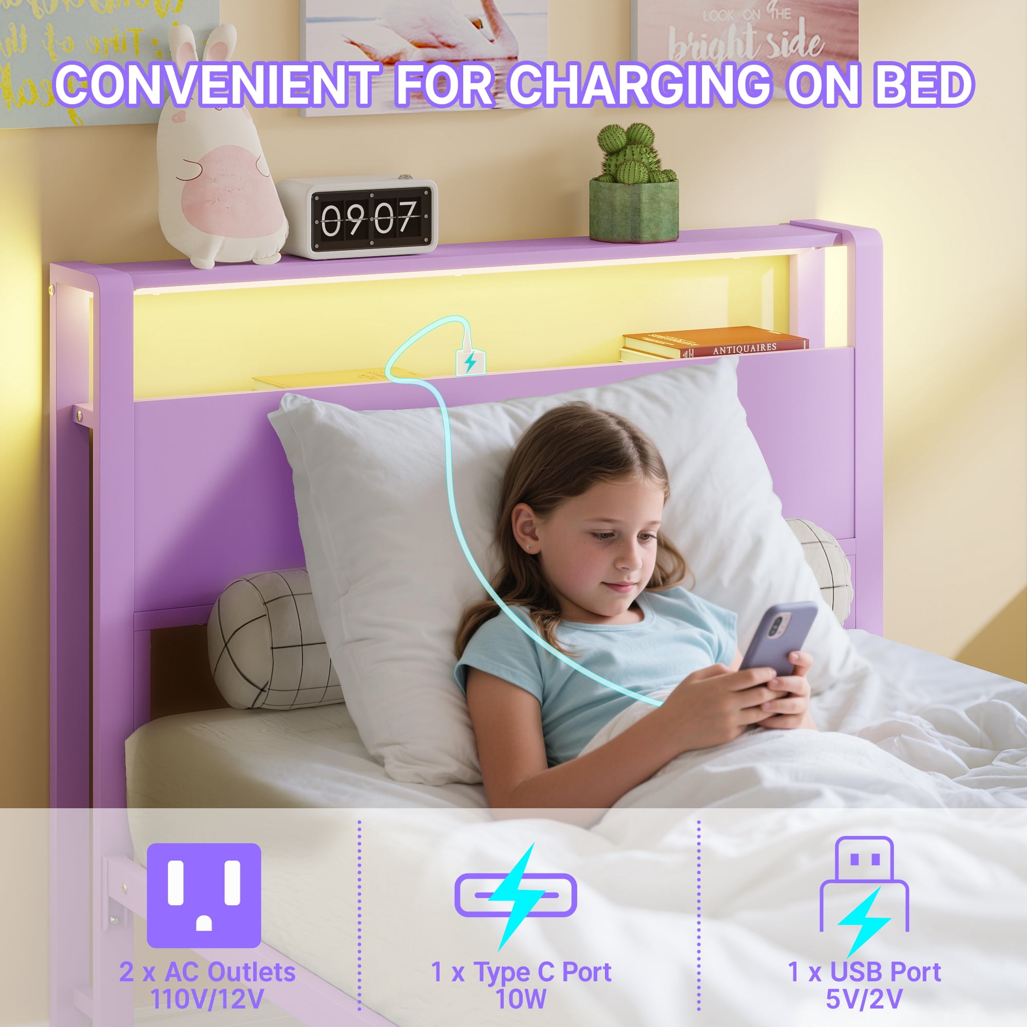 Yoneston Power Outlet LED Light Twin Metal Platform Bed Frame with 2-Tier Storage USB Charging Station Headboard for Kids Girls Teens Child, Purple