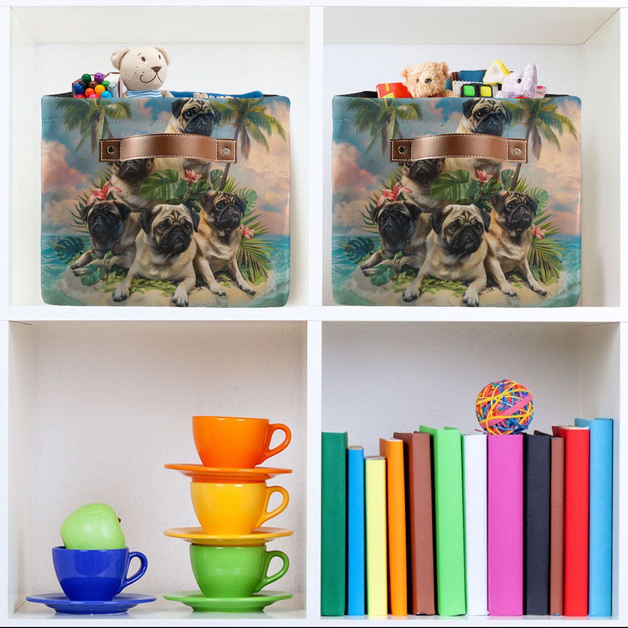 Ryvnso Pug Dog on Island Storage Basket Large Bin Foldable Boxes Toys Organizer 14.2x10.2x8.3in 2 PCs