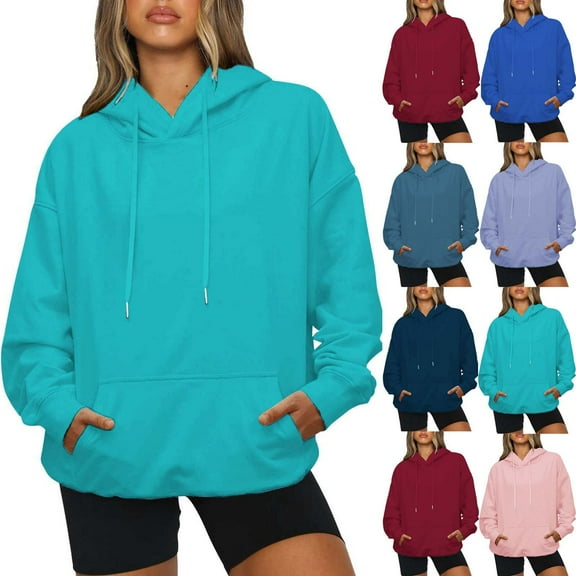 Hoodies for Women Solid Fall Sweatshirt Casual Long Sleeve Drawstring Pocket Ladies Pullover Tops