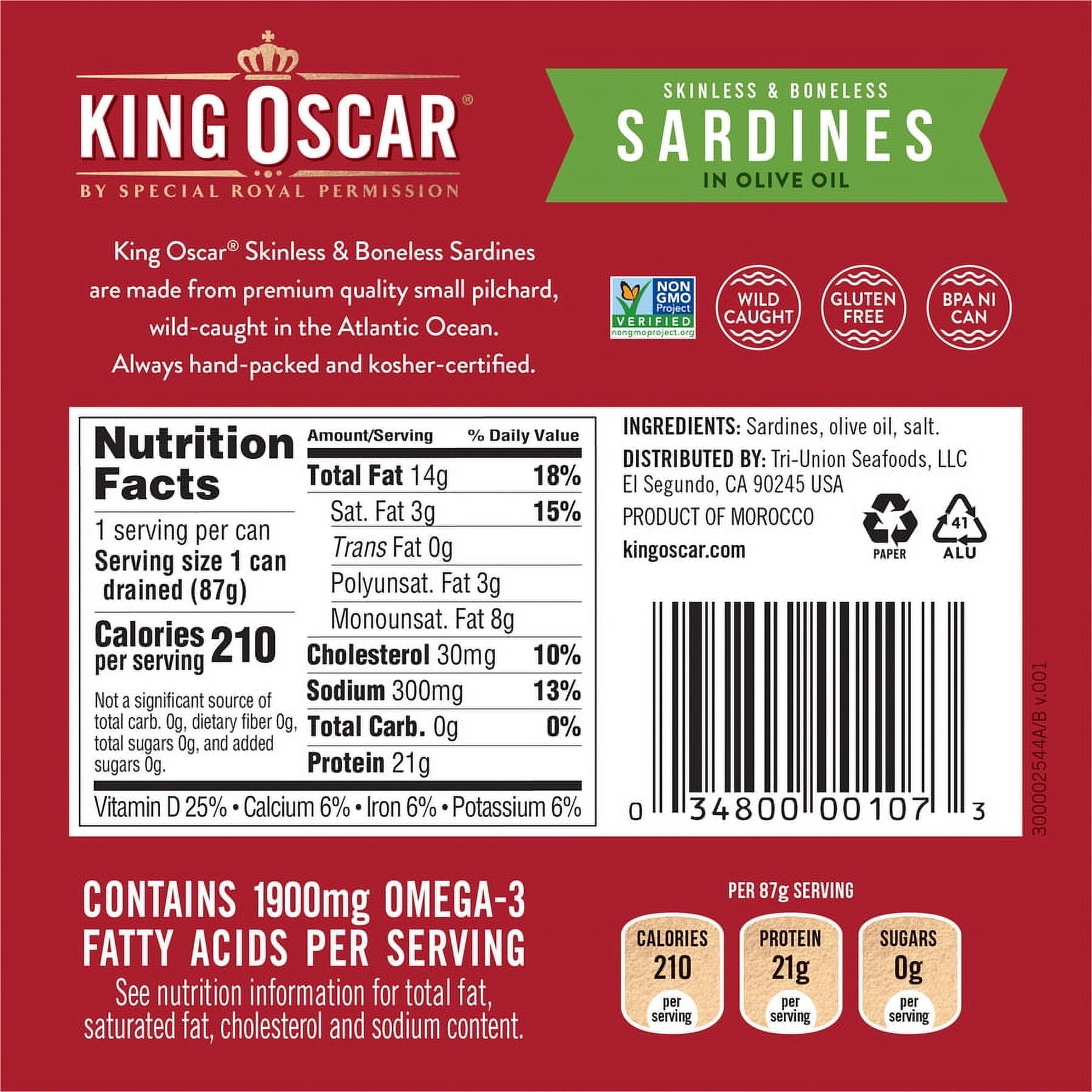 King Oscar Wild Caught Skinless & Boneless Sardines in Olive Oil 4.38 oz